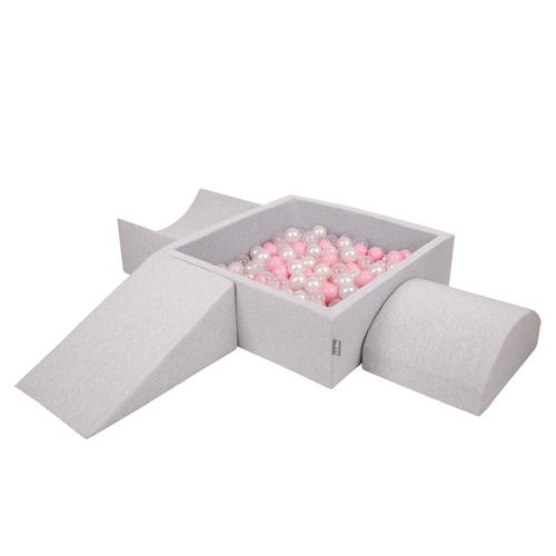 KiddyMoon Aire De Jeux en Mousse avec Carré Piscine À Balles pour Enfants, gris clair: rose poudré/perle/transparent, Piscine (200 Balles) + Version 4