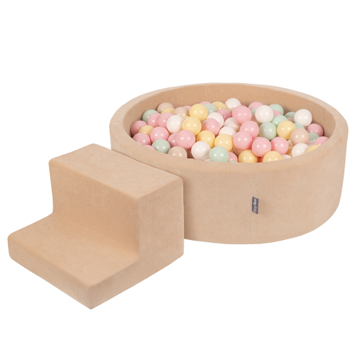 KiddyMoon Aire Velvet De Jeux en Mousse avec Rond Piscine à Balles pour Enfants, beige sableux: beige pastel/jaune pastel/blanc/menthe/rose poudré, Piscine (200 Balles)+ Marches