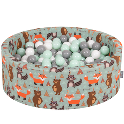 KiddyMoon Piscine à Balles ∅ 7Cm pour Bébé Rond Fabriqué En UE, renard-vert: blanc/gris/menthe, 90x30cm/200 balles