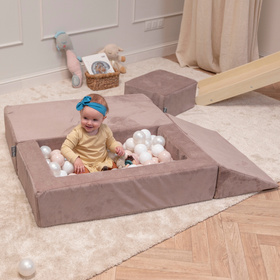 KiddyMoon Canapé en Mousse pour Enfants avec Balles Pour chambre d'enfant Léger Modulable Confortable Housse Amovible Parfait pour Jouer Lire et Se Détendre, beige foncé: beige pastel/blanc/perle, Canapé + 100 Balles