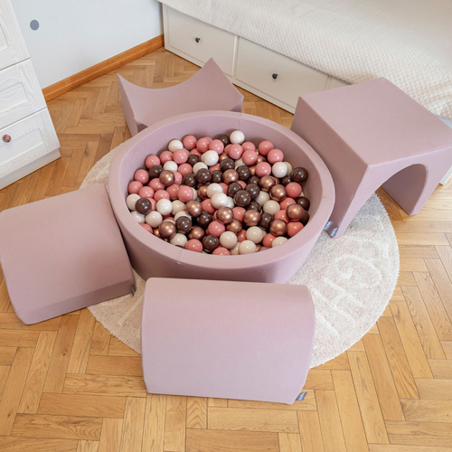 KiddyMoon Aire De Jeux en Mousse avec Rond Piscine à Balles pour Enfants, bruyère: beige pastel/saumon/blanc, Piscine (300 Balles) + Version 1