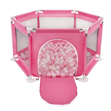 parc bébé hexagonal pliable avec balles plastiques, Rose:rose poudré/perle/transparent, 400 balles
