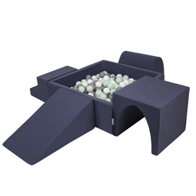 KiddyMoon Aire De Jeux en Mousse avec Carré Piscine À Balles pour Enfants, bleu foncé:blanc/gris/menthe, Piscine (200 Balles) + Version 3