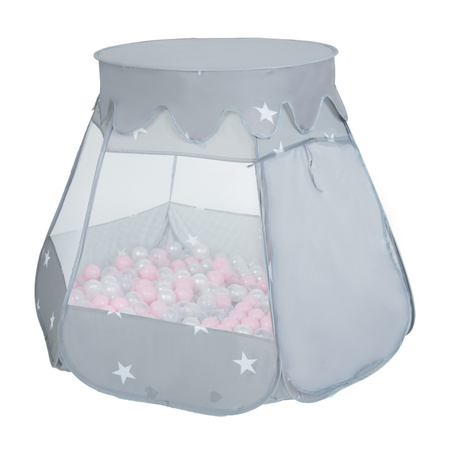 Tente Château Pour Enfants Tente de Jeu Avec Balles Colorées Jouet Cabane Pop-up Château Facile À Monter Maison de Jeu Pour Intérieur et Extérieur, gris:blanco/gris/menthe, 105x90cm/200 balles