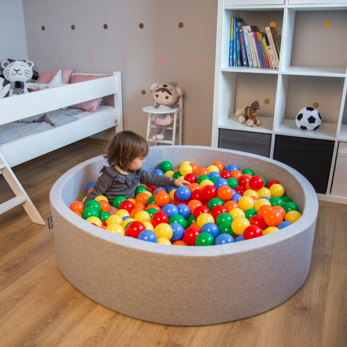 KiddyMoon Piscine À Balles Grande Carré pour Bébé, Fabriqué en UE, gris clair:jaune-vert-bleu-rouge-orange, 120x30cm/200 balles