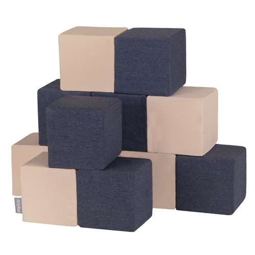 KiddyMoon blocs mous pour bébé cubes de construction en mousse, cubes: bleu foncé/beige, 12 Pieces