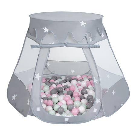 Tente Château Pour Enfants Tente de Jeu Avec Balles Colorées Jouet Cabane Pop-up Château Facile À Monter Maison de Jeu Pour Intérieur et Extérieur, gris:blanc/gris/menthe/rose poudré, 105x90cm/600 balles