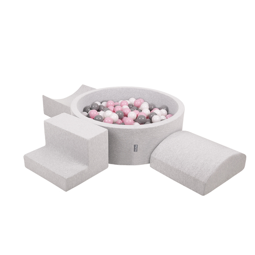KiddyMoon Aire De Jeux en Mousse avec Rond Piscine à Balles pour Enfants, gris clair: blanc/gris/rose poudré, Piscine (300 Balles) + Version 6