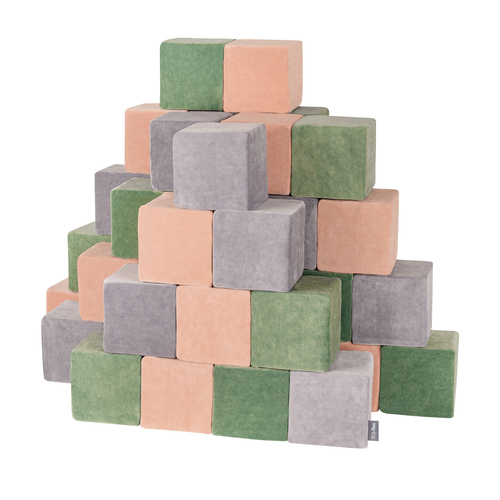 KiddyMoon blocs mous pour bébé cubes de construction en mousse housse velours, cubes: vert forêt-rose de sables-gris de montagnes, 48 Pieces