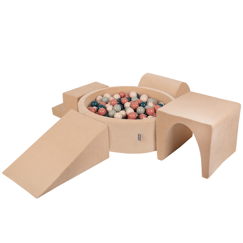 KiddyMoon Aire Velvet De Jeux en Mousse avec Rond Piscine à Balles pour Enfants, beige sableux: turquoise foncé/beige pastel/vert-gris/saumon, Piscine (200 Balles) + Version 3