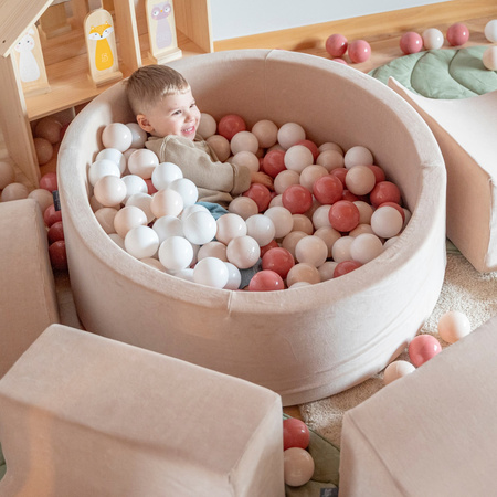 KiddyMoon Aire Velvet De Jeux en Mousse avec Rond Piscine à Balles pour Enfants, beige sableux: beige pastel/saumon/blanc, Piscine (100 Balles) + Marches