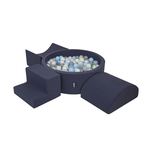 KiddyMoon Aire De Jeux en Mousse avec Rond Piscine à Balles pour Enfants, bleu foncé:perle/gris/transparent/babyblue/menthe, Piscine (300 Balles) + Version 6