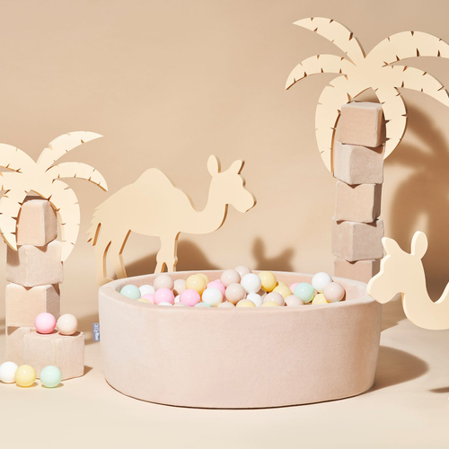 KiddyMoon piscine à balles ronde en mousse pour bébé et enfant, bassin sensoriel intérieur, housse lavable, inclus balles sécurisées, beige: beige pastel/jaune pastel/blanc/menthe/rose poudré, 90x30cm/200 balles