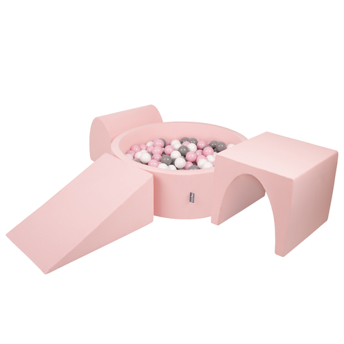 KiddyMoon Aire De Jeux en Mousse avec Rond Piscine à Balles pour Enfants, rose:blanc/gris/rose poudré, Piscine (300 Balles) + Version 2
