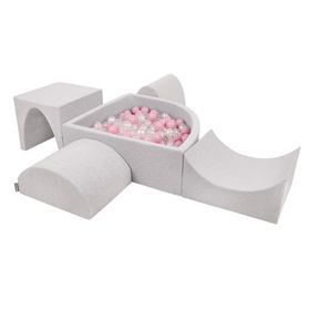 KiddyMoon Aire De Jeux en Mousse avec Quart Angulaire Piscine À Balles pour Bébé, gris clair: rose poudré/perle/transparent, Piscine (200 Balles) + Version 1