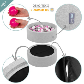 KiddyMoon Piscine à Balles ∅ 7Cm pour Bébé Rond Fabriqué En UE, gris clair:blanc/noir/argenté, 90x30cm/200 balles