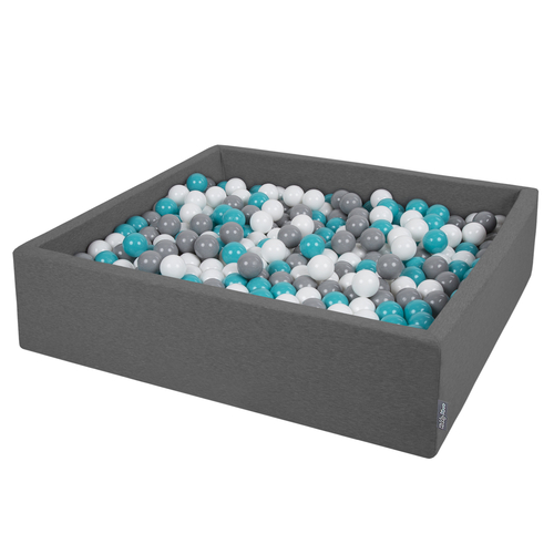 KiddyMoon Piscine À Balles Grande Carré pour Bébé, Fabriqué en UE, gris foncé: gris-blanc-turquoise, 120x30cm/300 balles
