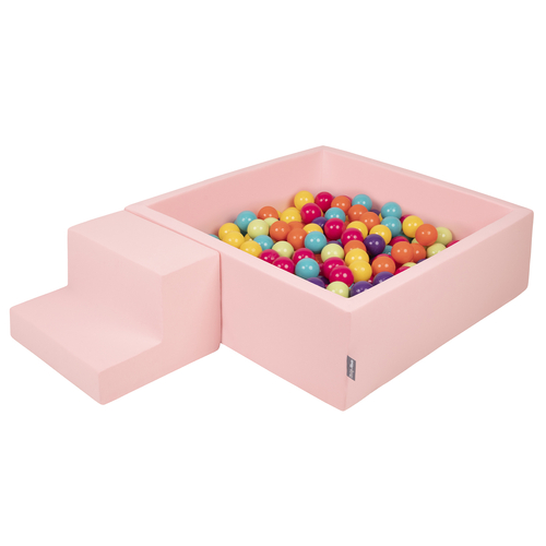 KiddyMoon Aire De Jeux en Mousse avec Carré Piscine À Balles pour Enfants, rose:vert clair/jaune/turq/orange/r.foncé/violet, Piscine (200 Balles)+ Marches