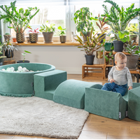 KiddyMoon Aire Velvet De Jeux en Mousse avec Rond Piscine à Balles pour Enfants, vert forêt: turquoise foncé/beige pastel/gris de vert/saumon