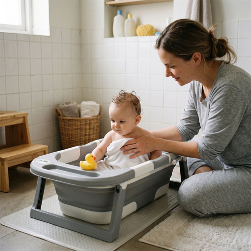 KiddyMoon baignoire pliable bébé plastique avec coussin, gris, M