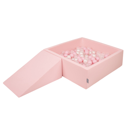 KiddyMoon Aire De Jeux en Mousse avec Carré Piscine À Balles pour Enfants, rose:rose poudre/perle/transparent, Piscine (100 Balles)+ Pente