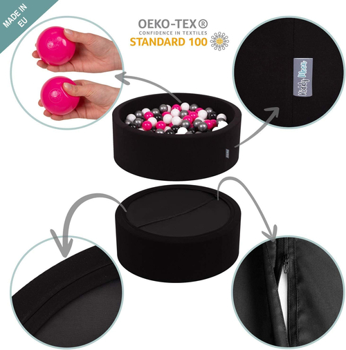 KiddyMoon Piscine à Balles ∅ 7Cm pour Bébé Rond Fabriqué En UE, Allemagne: noir/rouge/jaune, 90x30cm/300 balles