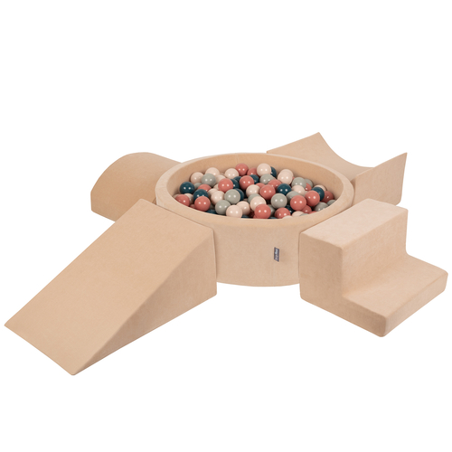 KiddyMoon Aire Velvet De Jeux en Mousse avec Rond Piscine à Balles pour Enfants, beige sableux: turquoise foncé/beige pastel/vert-gris/saumon, Piscine (300 Balles) + Version 5