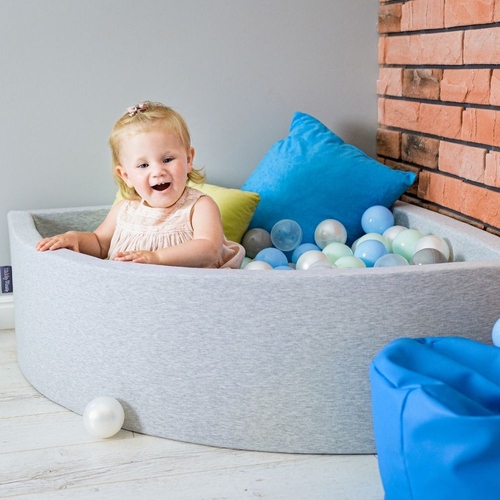 KiddyMoon Piscine à Balles ∅ 7Cm pour Bébé Carré Fabriqué En UE, gris clair: perle/gris/transparent/babyblue/menthe, 90x30cm/200 balles