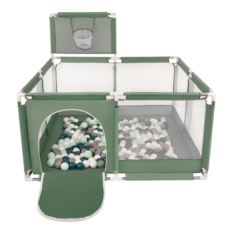 parc bébé avec balles plastiques aire de jeu pliable basket, vert : turquoise foncé/gris/blanc/menthe, 400 balles
