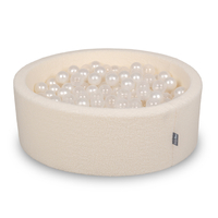KiddyMoon Piscine à Balles Boules 7 cm pour un Remplissage plus Généreux Pour Bébés au Housse Teddy, Convient dès 8 Mois, Crème: Perle/Transparent, 90x30cm/300 Balles