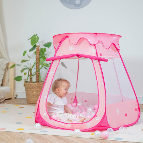 Tente Château Pour Enfants Tente de Jeu Avec Balles Colorées Jouet Cabane Pop-up Château Facile À Monter Maison de Jeu Pour Intérieur et Extérieur, rose:rose poudré-transparent, 105x90cm/300 balles