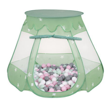 Tente Château Pour Enfants Tente de Jeu Avec Balles Colorées Jouet Cabane Pop-up Château Facile À Monter Maison de Jeu Pour Intérieur et Extérieur, menthe:blanc/gris/menthe/rose poudré, 105x90cm/300 balles