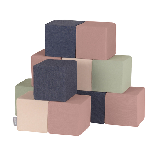 KiddyMoon blocs mous pour bébé cubes de construction en mousse, cubes: bruyère/bleu foncé/beige/sage, 12 Pieces