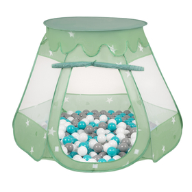 Tente Château Pour Enfants Tente de Jeu Avec Balles Colorées Jouet Cabane Pop-up Château Facile À Monter Maison de Jeu Pour Intérieur et Extérieur, menthe:gris/blanc/turquoise, 105x90cm/100 balles