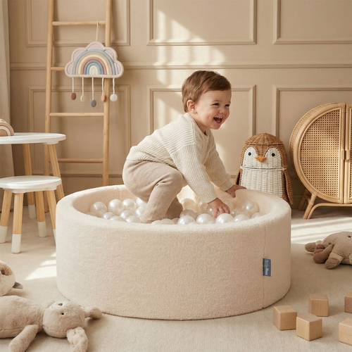 KiddyMoon Piscine à Balles Boules 7 cm pour un Remplissage plus Généreux Pour Bébés au Housse Teddy, Convient dès 8 Mois, Crème: Perle/Transparent, 90x30cm/200 Balles
