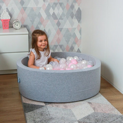 KiddyMoon Piscine à Balles ∅ 7Cm pour Bébé Rond Fabriqué En UE, gris clair:rose poudre/perle/transparent, 90x30cm/200 Balles