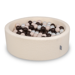 KiddyMoon Piscine à Balles Boules 7 cm pour un Remplissage plus Généreux Pour Bébés au Housse Teddy, Convient dès 8 Mois, Crème: Beige Pastel/Marron/Perle, 90x30cm/200 balles
