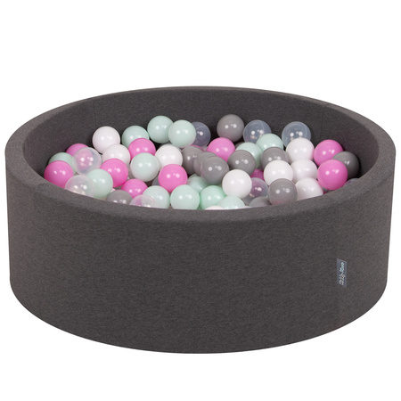 KiddyMoon Piscine à Balles ∅ 7Cm pour Bébé Rond Fabriqué En UE, gris foncé:transparent/gris/blanc/rose/menthe, 90x30cm/200 balles