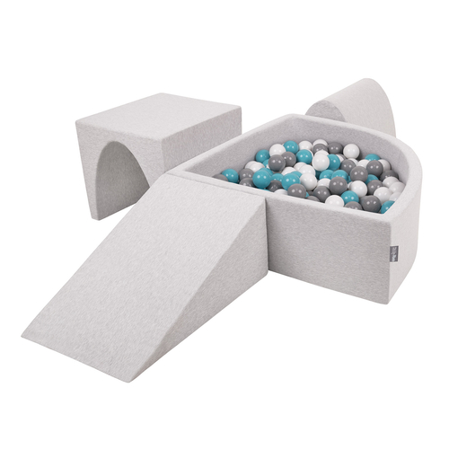 KiddyMoon Aire De Jeux en Mousse avec Quart Angulaire Piscine À Balles pour Bébé, gris clair: gris/blanc/turquoise, Piscine (300 Balles) + Version 2