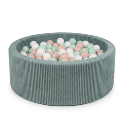 KiddyMoon Piscine Bébé 90 x 30 cm avec balles, piscine à balles pour bébé et enfant, piscine enfant en mousse douce, housse côtelée lavable, Vert: Beige pastel/Blanc/Menthe, 90x30cm/200 Balles