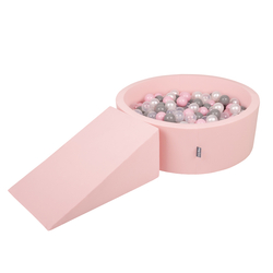 KiddyMoon Aire De Jeux en Mousse avec Rond Piscine à Balles pour Enfants, rose: perle/gris/transparent/rose poudré, Piscine (100 Balles)+ Pente