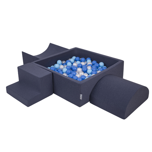 KiddyMoon Aire De Jeux en Mousse avec Carré Piscine À Balles pour Enfants, bleu foncé:babyblue/bleu/perle, Piscine (300 Balles) + Version 6