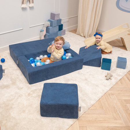 KiddyMoon Canapé en Mousse pour Enfants avec Balles Pour chambre d'enfant Léger Modulable Confortable Housse Amovible Parfait pour Jouer Lire et Se Détendre, bleu foncé: beige pastel/bleu pastel/blanc/perle, Canapé + 100 Balles