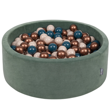 KiddyMoon Velours Piscine à Balles ∅7Cm pour Bébé Rond Fabriqué en EU, vert forêt: turquoise foncé/beige pastel/cuivre, 90x30cm/200 balles