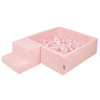 KiddyMoon Aire De Jeux en Mousse avec Carré Piscine À Balles pour Enfants, rose:rose poudre/perle/transparent, Piscine (100 Balles) + Marches