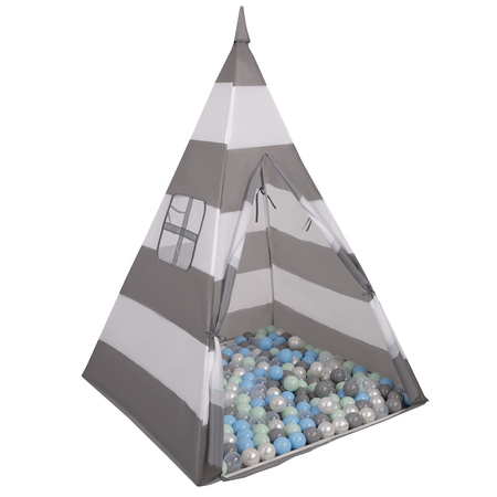 Tipi Tente de Jeu avec Balles Maison de Jeu pour Enfants, gris-blanc rayures:perle/gris/transp/bblue/menthe, 100 Balles