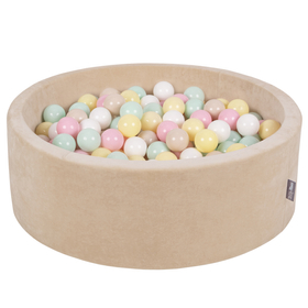 KiddyMoon Velours Piscine à Balles ∅7Cm pour Bébé Rond Fabriqué en EU, beige sableux: beige pastel/jaune pastel/blanc/menthe/ rose poudré, 90x30cm/200 balles