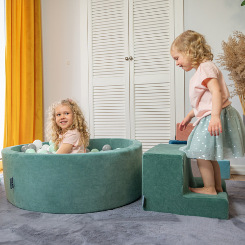 KiddyMoon Aire Velvet De Jeux en Mousse avec Rond Piscine à Balles pour Enfants, vert forêt: turquoise foncé/gris de vert/blanc, Piscine (200 Balles)+ Marches