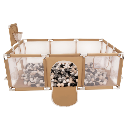 Parc Bébé avec Balles Plastiques Aire De Jeu Pliable Basket Football, beige : beige pastel/gris/blanc/noir, 200 balles