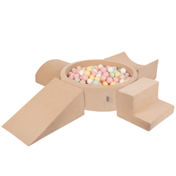 KiddyMoon Aire Velvet De Jeux en Mousse avec Rond Piscine à Balles pour Enfants, beige sableux: beige pastel/jaune pastel/blanc/menthe/rose poudré, Piscine (200 Balles) + Version 5